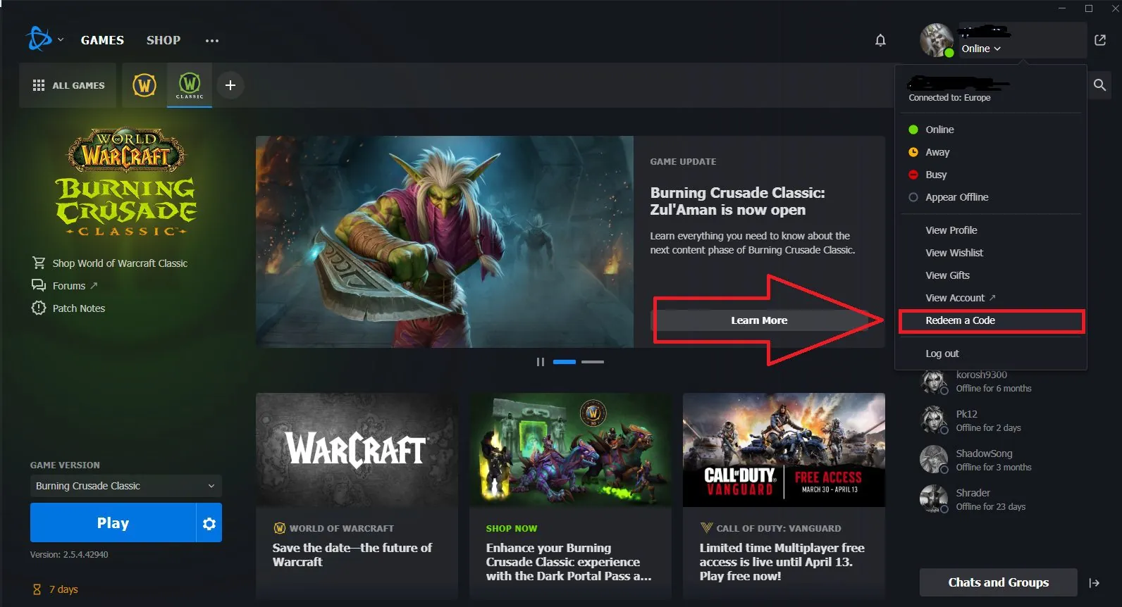 فعال سازی گیم تایم وارکرافت Battlenet